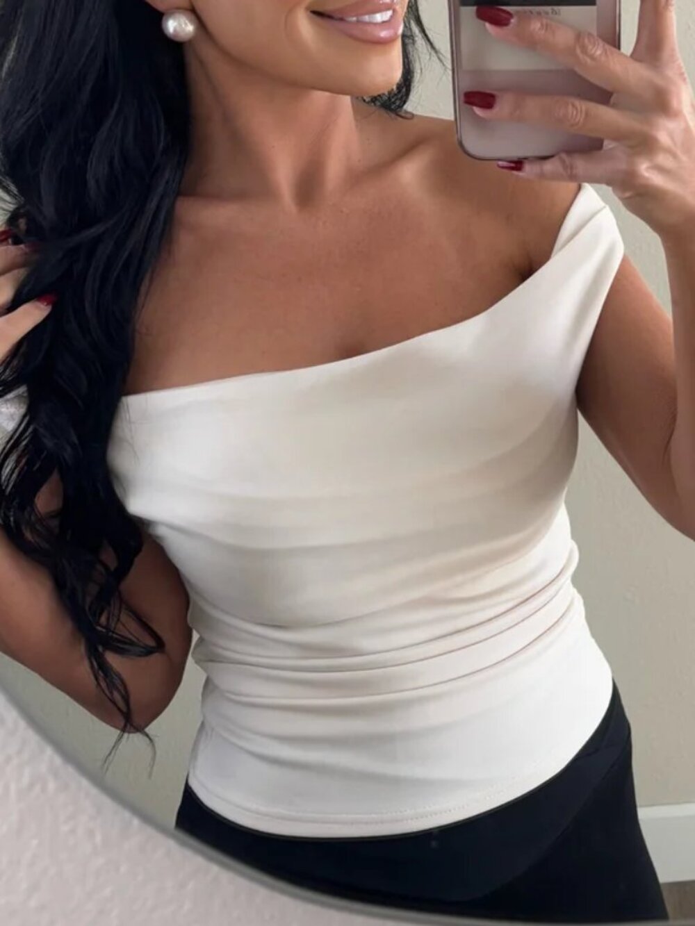 Cream ASYMMETRIC OFF THE SHOULDER TOP